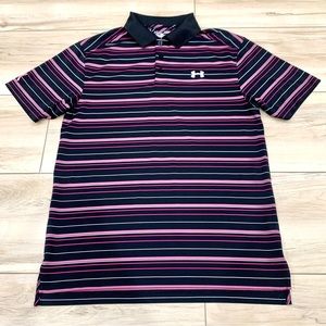 Under Armour Heat Gear Loose Mens Size Small Golf Polo Striped Brest Cancer